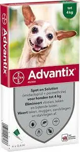 Advantix Hond 40 Hond tot 4 kg Tegen Teken, Vlooien en Luizen (4 pipetten)