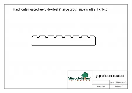 Hardhouten geprofileerd dekdeel, 1 zijde profiel, 1 zijde glad, 2,5 x 14,5 x 245 cm. - afbeelding 2
