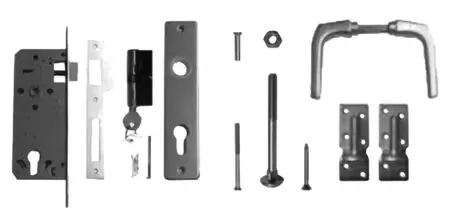 Aluminium deurklink met langschild, cilinderslot en duimen, t.b.v. deuren op stalen frame.