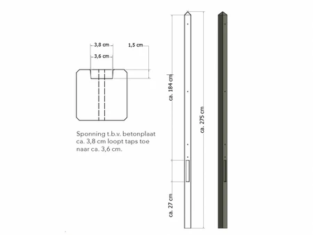 Lichtgewicht betonpaal met diamantkop ongecoat 8,5x8,5x275 cm, eindpaal, antraciet.