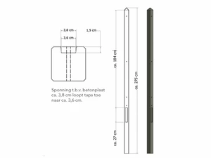 Lichtgewicht betonpaal met diamantkop ongecoat 8,5x8,5x275 cm, eindpaal, antraciet.