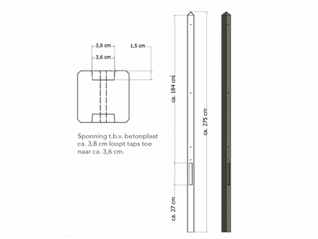 Lichtgewicht betonpaal met diamantkop ongecoat 8,5x8,5x275 cm, tussenpaal, antraciet.