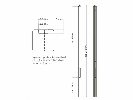 Lichtgewicht betonpaal met diamantkop ongecoat 8,5x8,5x275 cm, eindpaal, grijs.