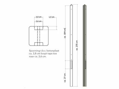 Lichtgewicht betonpaal met diamantkop ongecoat 8,5x8,5x275 cm, tussenpaal, grijs.