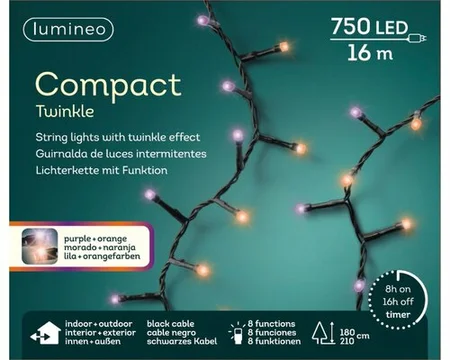 Lumineo tree lights Led compact twinkle  paars- oranje l16m-750l zwat - afbeelding 1