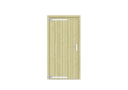 Vuren dichte enkele deur 108x209 cm, linksdraaiend, verzinkte hengen, RVS beslag, kleurloos geimpreg