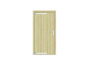 Vuren dichte enkele deur 108x209 cm, linksdraaiend, verzinkte hengen, RVS beslag, kleurloos geimpreg