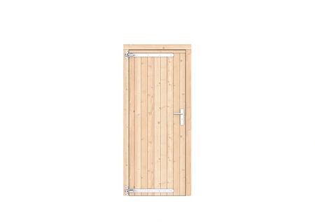 Vuren dichte enkele deur 90x201 cm, linksdraaiend, verzinkte hengen, RVS beslag, kleurloos geimpregn