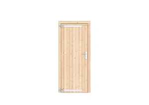 Vuren dichte enkele deur 90x201 cm, linksdraaiend, verzinkte hengen, RVS beslag, kleurloos geimpregn