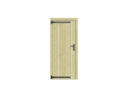 Vuren dichte enkele deur 90x201 cm, linksdraaiend, zwarte hengen, zwart beslag, groen geimpregneerd.