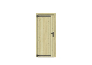 Vuren dichte enkele deur 90x201 cm, linksdraaiend, zwarte hengen, zwart beslag, groen geimpregneerd.