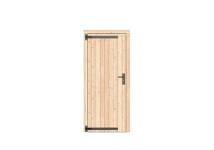 Vuren dichte enkele deur 90x201 cm, linksdraaiend, zwarte hengen, zwart beslag, kleurloos geimpregne