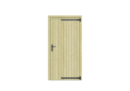 Vuren dichte enkele deur 108x209 cm, rechtsdraaiend, zwarte hengen, zwart beslag, groen geimpregneer