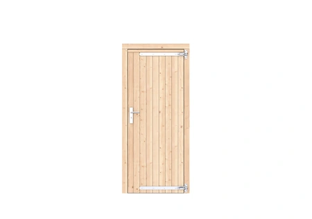 Vuren dichte enkele deur 90x201 cm, rechtsdraaiend, verzinkte hengen, RVS beslag, kleurloos geimpreg